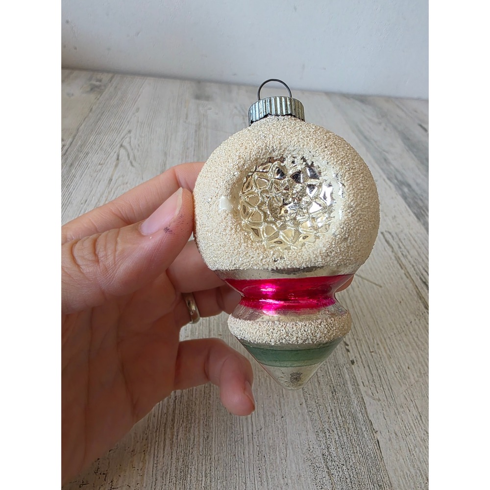 Vintage shiny Brite double indent teardrop ornament mica striped finial